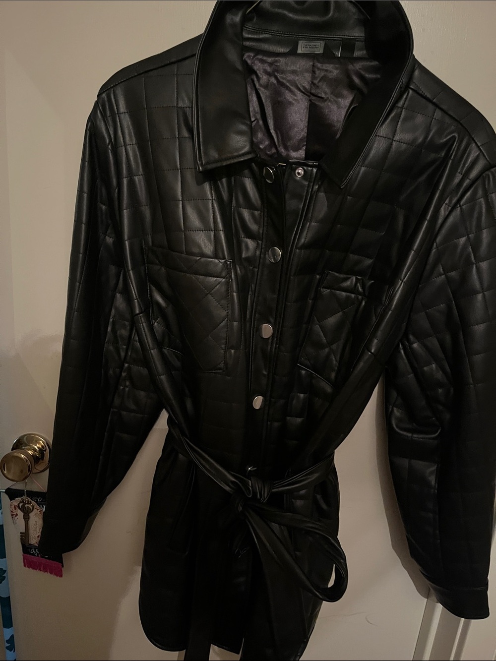 G by Giuliana Black Quilted Faux Leather Trench with Tie Belt